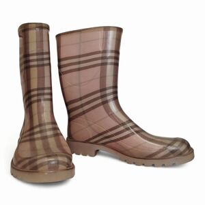 Burberry Women Rain Boots Haymarket Check Nova Rubber Multicolor Brown 36/5.5-6